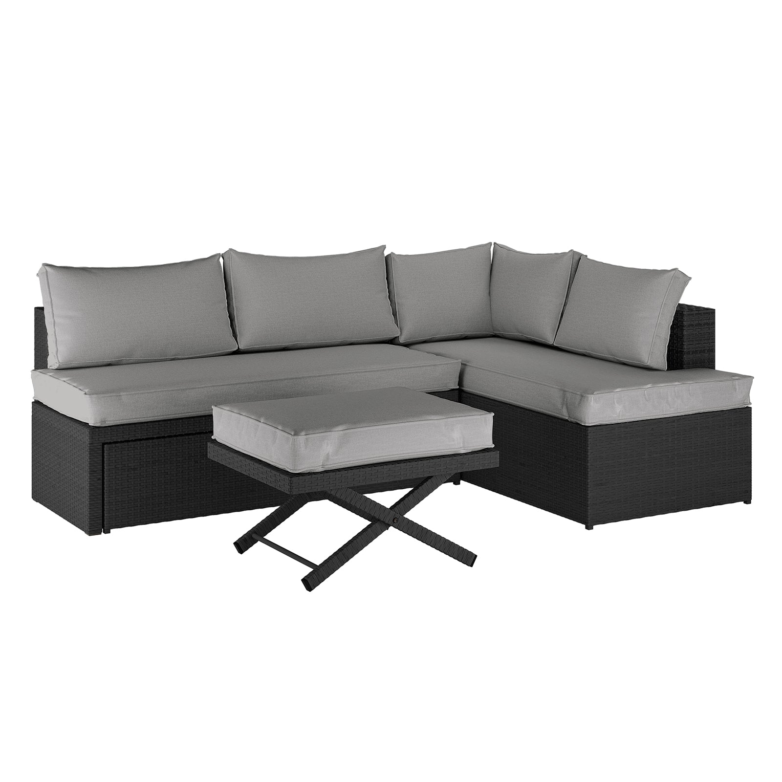 Tybee 4 Seater Rattan Outdoor Corner Sofa Set in Warm Grey, featuring a modular L-shaped black wicker design with light-grey cushions, paired with a matching ottoman topped with a cushion.
