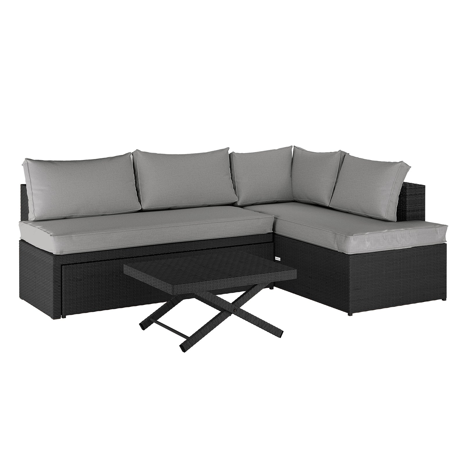 Tybee 4 Seater Rattan Outdoor Corner Sofa Set in Warm Grey featuring a dark woven-rattan style with light gray cushions, arranged as a sectional with a matching low coffee table with X legs.