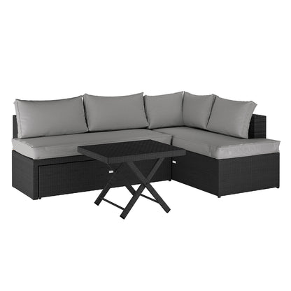 Tybee 4 Seater Rattan Outdoor Corner Sofa Set in Warm Grey, featuring an L-shaped black synthetic wicker design with grey cushions and a matching folding coffee table, ideal for versatile outdoor seating.