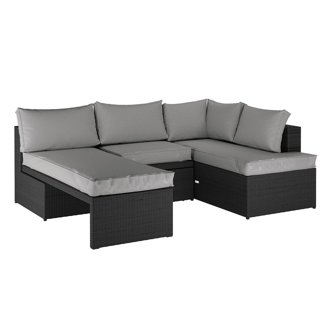 Tybee 4 Seater Rattan Outdoor Corner Sofa Set in Warm Grey features a modular L-shaped design with a black wicker base, light gray cushions, and a chaise lounge configuration.