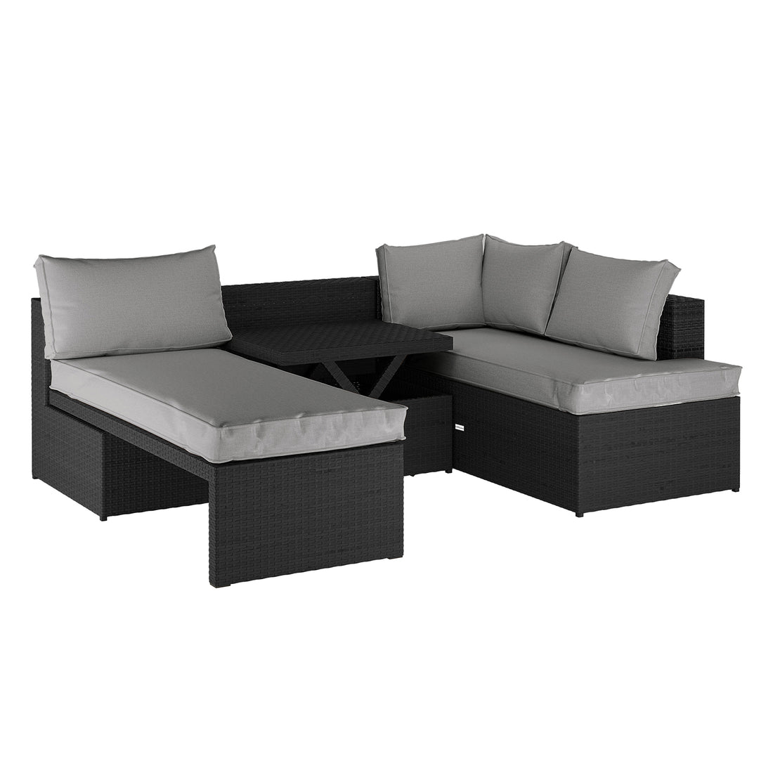 Tybee 4 Seater Rattan Outdoor Corner Sofa Set in Warm Grey features a black wicker L-shaped design with a chaise lounge, two-seat bench, and a central wicker coffee table.