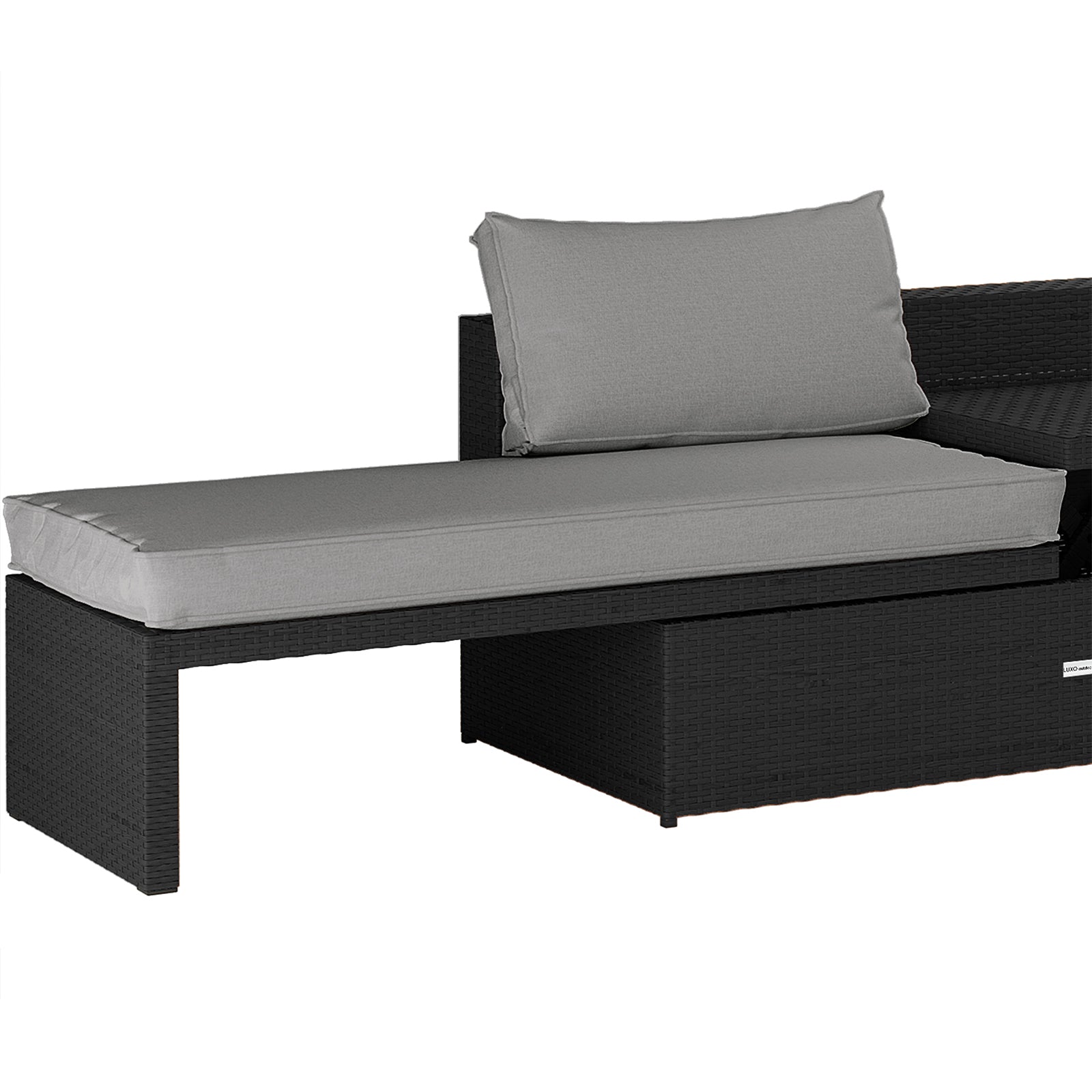 Tybee 4 Seater Rattan Outdoor Corner Sofa Set in Warm Grey, showcasing a black synthetic-wicker bench/chaise section with thick light-gray seat and back cushions, highlighting its modular design and comfort.
