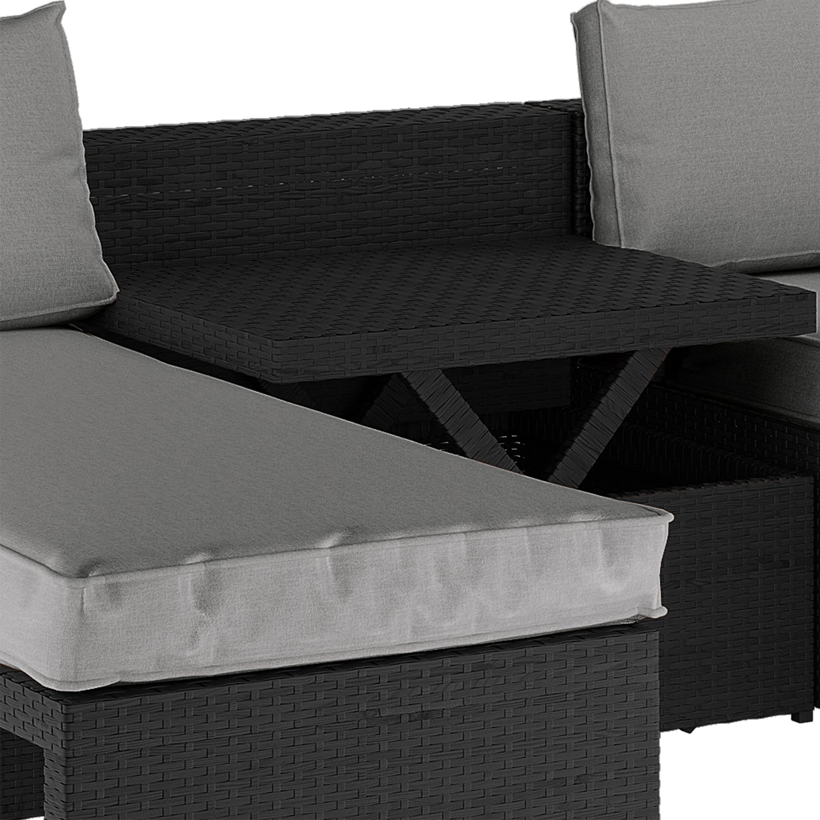 Tybee 4 Seater Rattan Outdoor Corner Sofa Set in Warm Grey with light-gray cushions, showcasing the integrated pop-up tabletop/storage under the lifted middle cushion, highlighting its modular design and functionality.