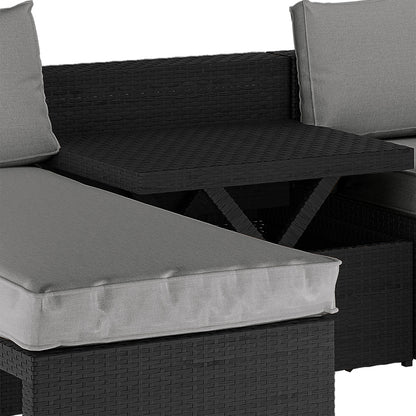 Tybee 4 Seater Rattan Outdoor Corner Sofa Set in Warm Grey with light-gray cushions, showcasing the integrated pop-up tabletop/storage under the lifted middle cushion, highlighting its modular design and functionality.