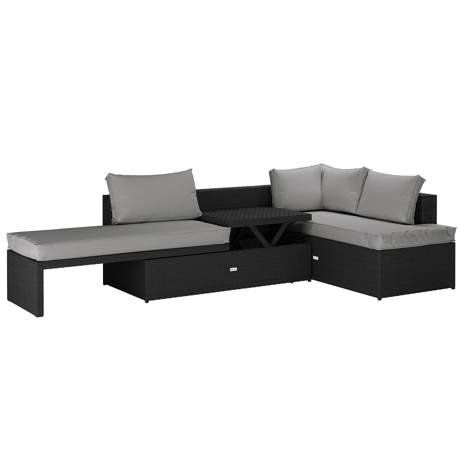 Tybee 4 Seater Rattan Outdoor Corner Sofa Set in Warm Grey features a modular L-shaped design with black wicker, light-gray cushions, chaise lounge bench, corner module, and adjustable central coffee table.