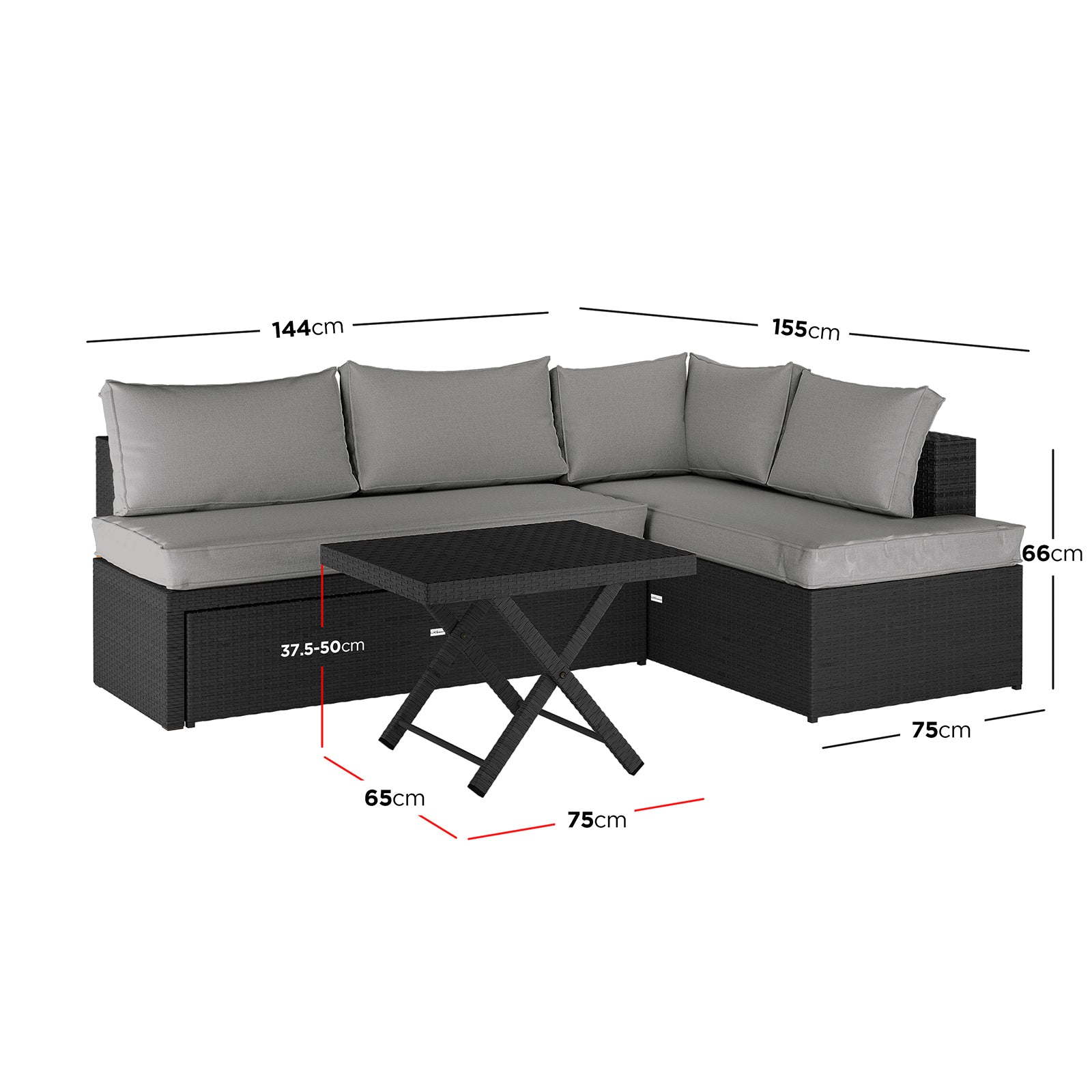 Tybee 4 Seater Rattan Outdoor Corner Sofa Set in Warm Grey features a modular L-shaped design with black wicker, light grey cushions, two sofa benches, and an adjustable folding coffee table.