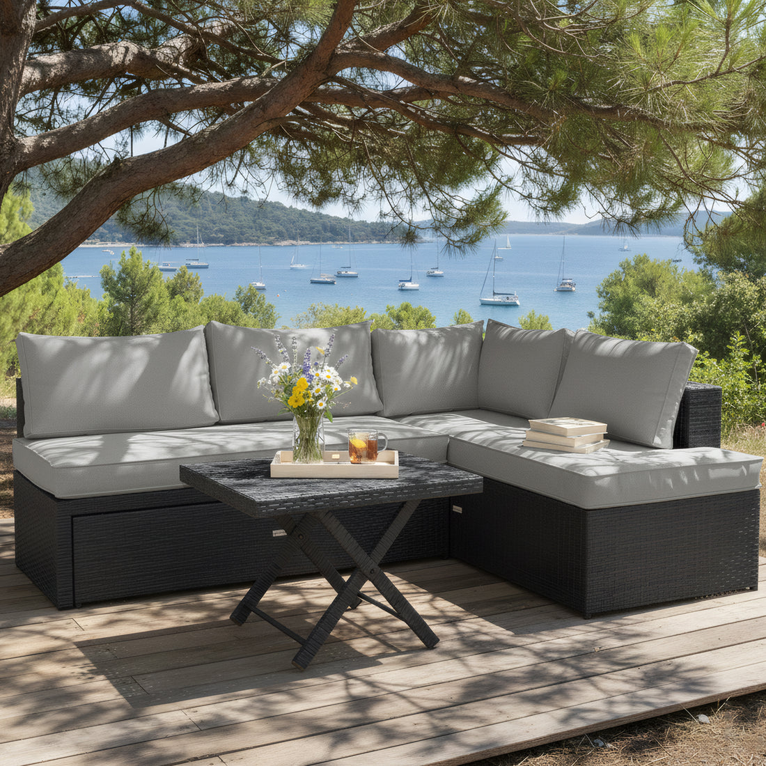 Tybee 4 Seater Rattan Outdoor Corner Sofa Set in Warm Grey