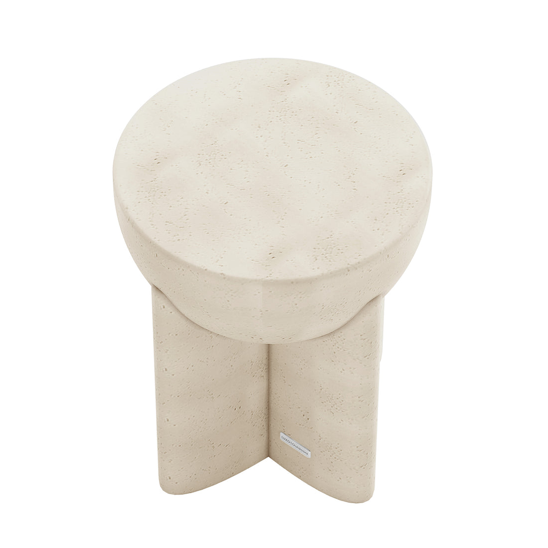 Overhead angled shot of Antique White Valencia concrete side table, showcasing its unique form