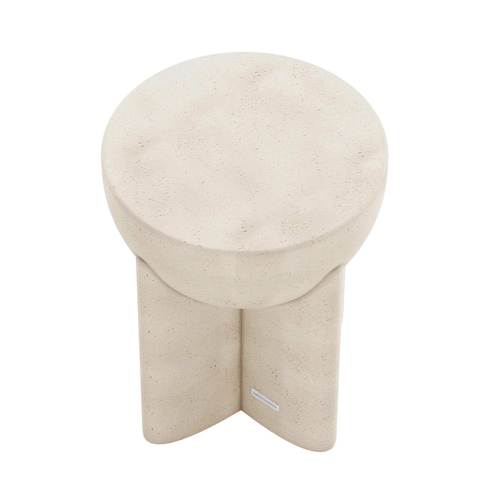 Overhead angled shot of Antique White Valencia concrete side table, showcasing its unique form