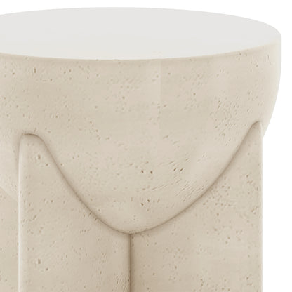 Valencia concrete side table, side view showcasing textured Antique White surface and sturdy base