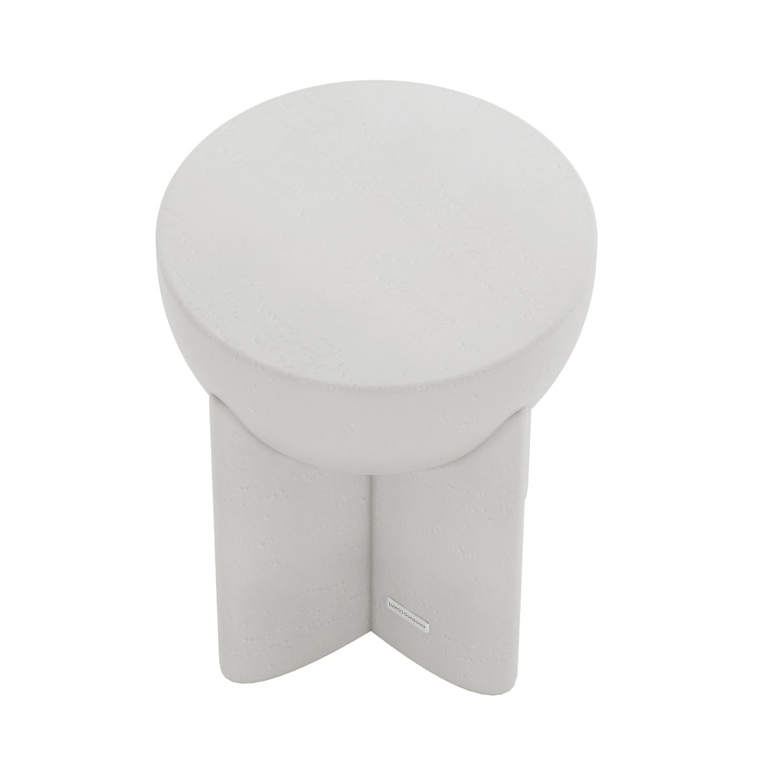 Overhead angled shot of White Valencia concrete side table, showcasing its unique form