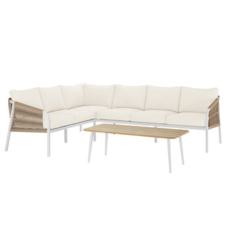 Vernon 4pc Rattan 6-Seater Aluminum Outdoor Lounge Set featuring close-ups of its sleek rattan design, plush cushions, and sturdy aluminum frame, highlighting its modern style and comfort for outdoor relaxation.