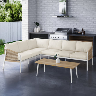 Vernon 4pc Rattan 6-Seater Aluminum Outdoor Lounge Set featuring modern design with a three-seater corner sofa, three-seater sofa, and a sleek coffee table, ideal for outdoor relaxation.