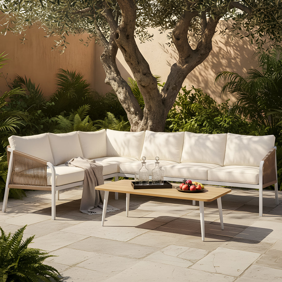Vernon 6 Seater Wicker Outdoor Lounge Set in Cream White