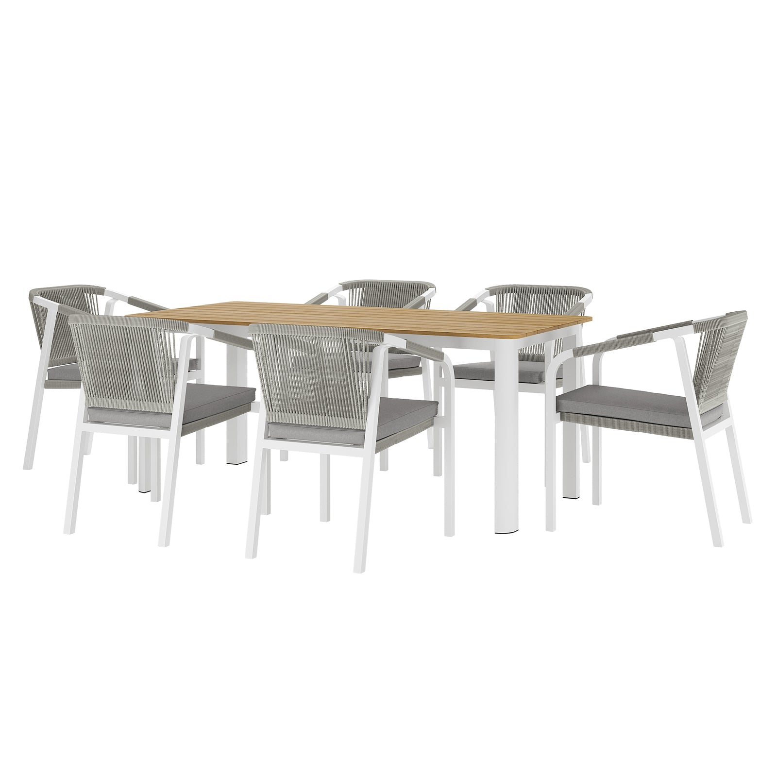 Vernon 6 Seater Aluminum Wicker Outdoor Dining Set Grey featuring a spacious table surrounded by six wicker chairs, ideal for stylish outdoor dining settings.