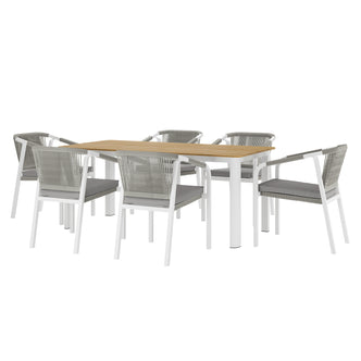 Vernon 6 Seater Aluminum Wicker Outdoor Dining Set Grey featuring a spacious table surrounded by six wicker chairs, ideal for stylish outdoor dining settings.