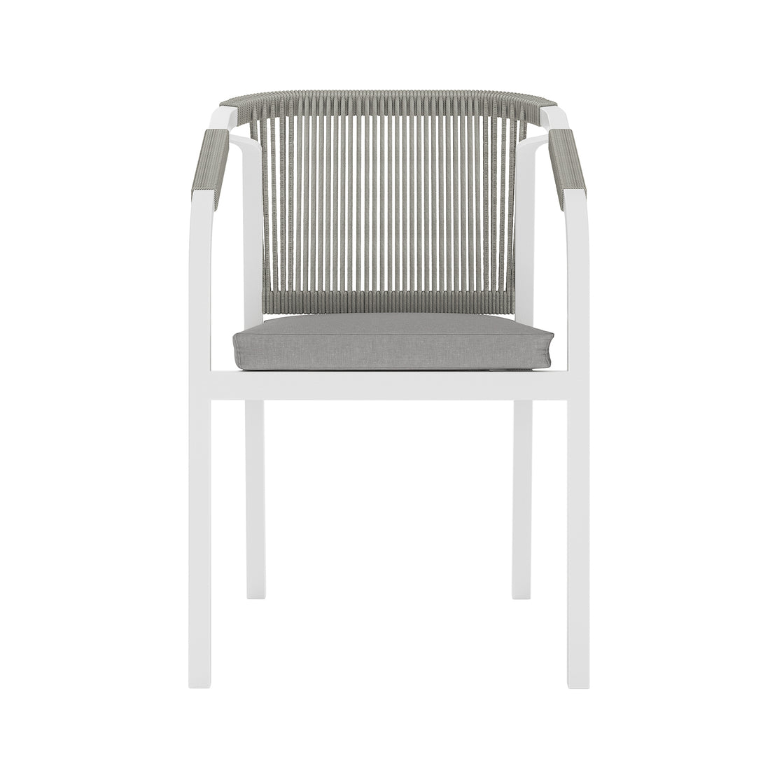 Vernon 6 Seater Aluminum Wicker Outdoor Dining Set Grey, highlighting a white chair with a gray cushion, showcasing its modern design ideal for stylish, comfortable outdoor dining.