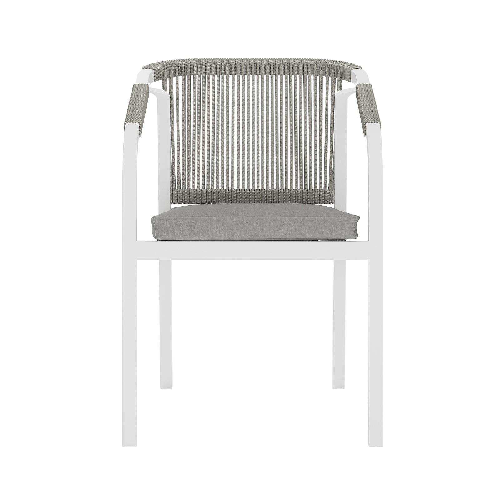 Vernon 6 Seater Aluminum Wicker Outdoor Dining Set Grey, highlighting a white chair with a gray cushion, showcasing its modern design ideal for stylish, comfortable outdoor dining.