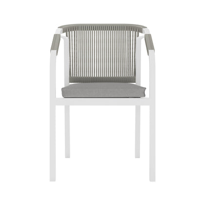 Vernon 6 Seater Aluminum Wicker Outdoor Dining Set Grey, highlighting a white chair with a gray cushion, showcasing its modern design ideal for stylish, comfortable outdoor dining.