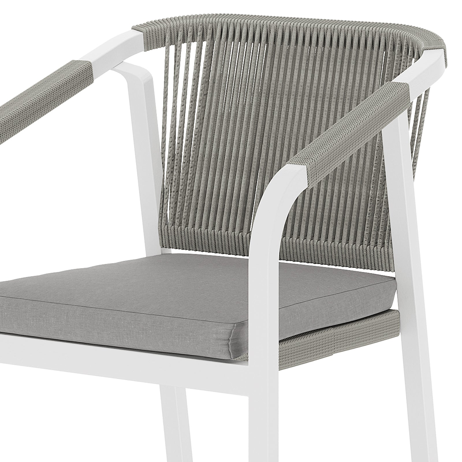 Close-up of a chair from the Vernon 6 Seater Aluminium Wicker Outdoor Dining Set Grey, showcasing its elegant wicker design, robust frame, and plush cushion, ideal for stylish outdoor dining.