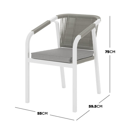 Dimension of the Vernon 6 Seater Aluminium Wicker Outdoor Dining Set Grey featuring a close-up of a white chair with a grey cushion, showcasing its elegant design and comfortable seating for outdoor dining.