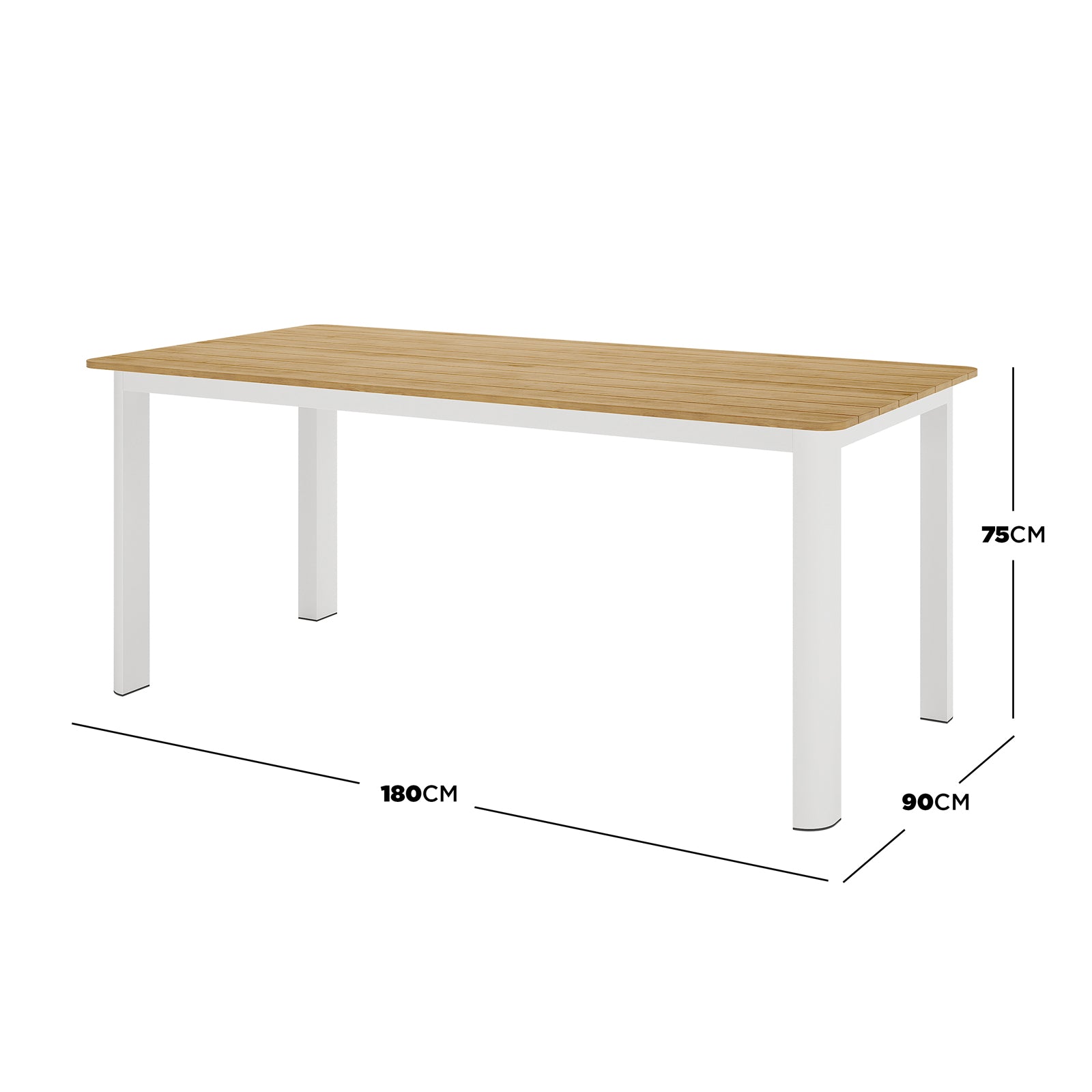 Vernon 6 Seater Wicker Outdoor Dining Set in Grey, featuring a rectangular light wood-grain tabletop with white metal legs, ideal for stylish outdoor gatherings on balconies or shaded patios.