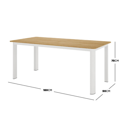Vernon 6 Seater Wicker Outdoor Dining Set in Grey, featuring a rectangular light wood-grain tabletop with white metal legs, ideal for stylish outdoor gatherings on balconies or shaded patios.