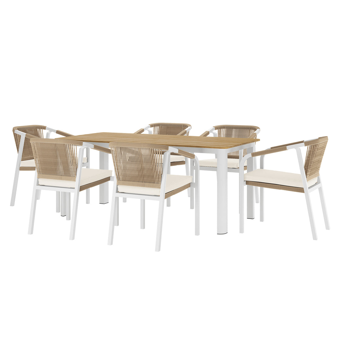 Vernon 6 Seater Aluminium Wicker Outdoor Dining Set showcased with a spacious table and six sleek chairs, highlighting its modern design and durable construction suitable for stylish outdoor dining.