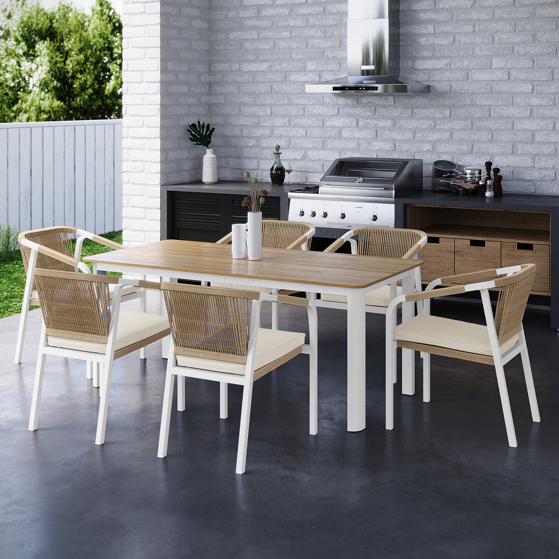 Vernon 6 Seater Aluminum Wicker Outdoor Dining Set with a spacious table and six wicker chairs, showcasing a modern design perfect for semi-enclosed outdoor spaces.