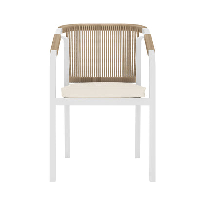 Vernon 6 Seater Aluminium Wicker Outdoor Dining Set, highlighting a chair with a cushion and a wooden slat, showcasing its design and craftsmanship in an outdoor setting.