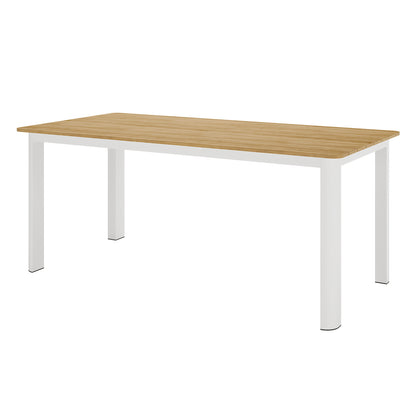 Vernon 6 Seater Aluminium Wicker Outdoor Dining Set featuring a sleek, spacious table with white and brown design, suitable for modern outdoor settings, accommodating six with comfort and style.