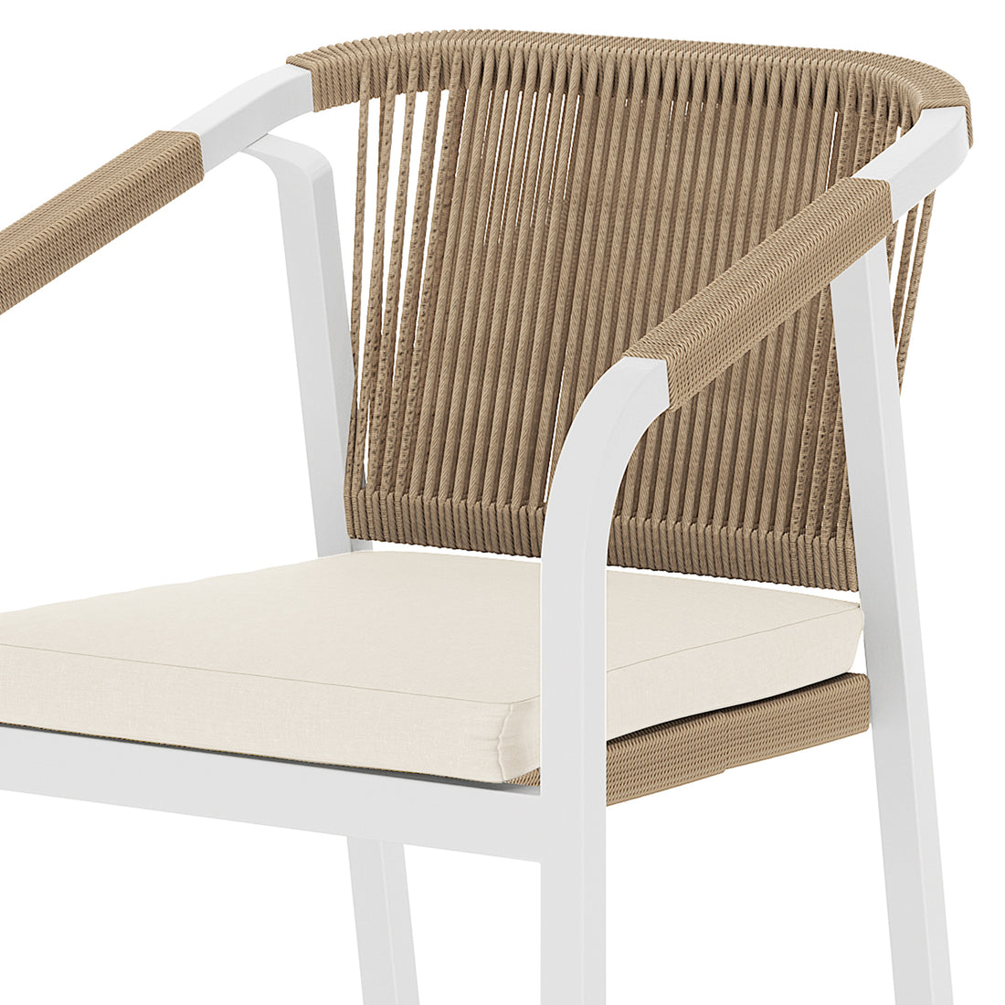 Vernon 6 Seater Aluminium Wicker Outdoor Dining Set Natural, showcasing a close-up of the wicker chair's elegant armrest and intricate design, emphasizing its modern style and outdoor suitability.