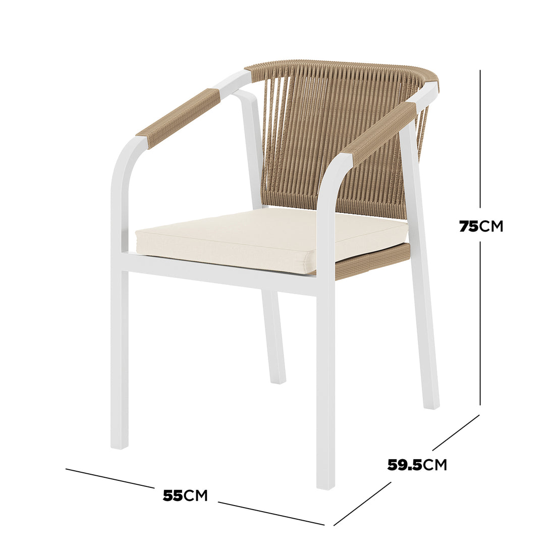 Dimension of the Vernon 6 Seater Aluminium Wicker Outdoor Dining Set, showcasing its wicker design and plush cushion, emphasizing the set's modern and durable construction.