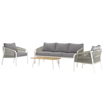 Vernon 5 Seater Aluminium Outdoor Sofa Set in Grey features a three-seat sofa, two armchairs with rope-wrapped sides, and a light wood-tone coffee table, designed for stylish outdoor lounging.