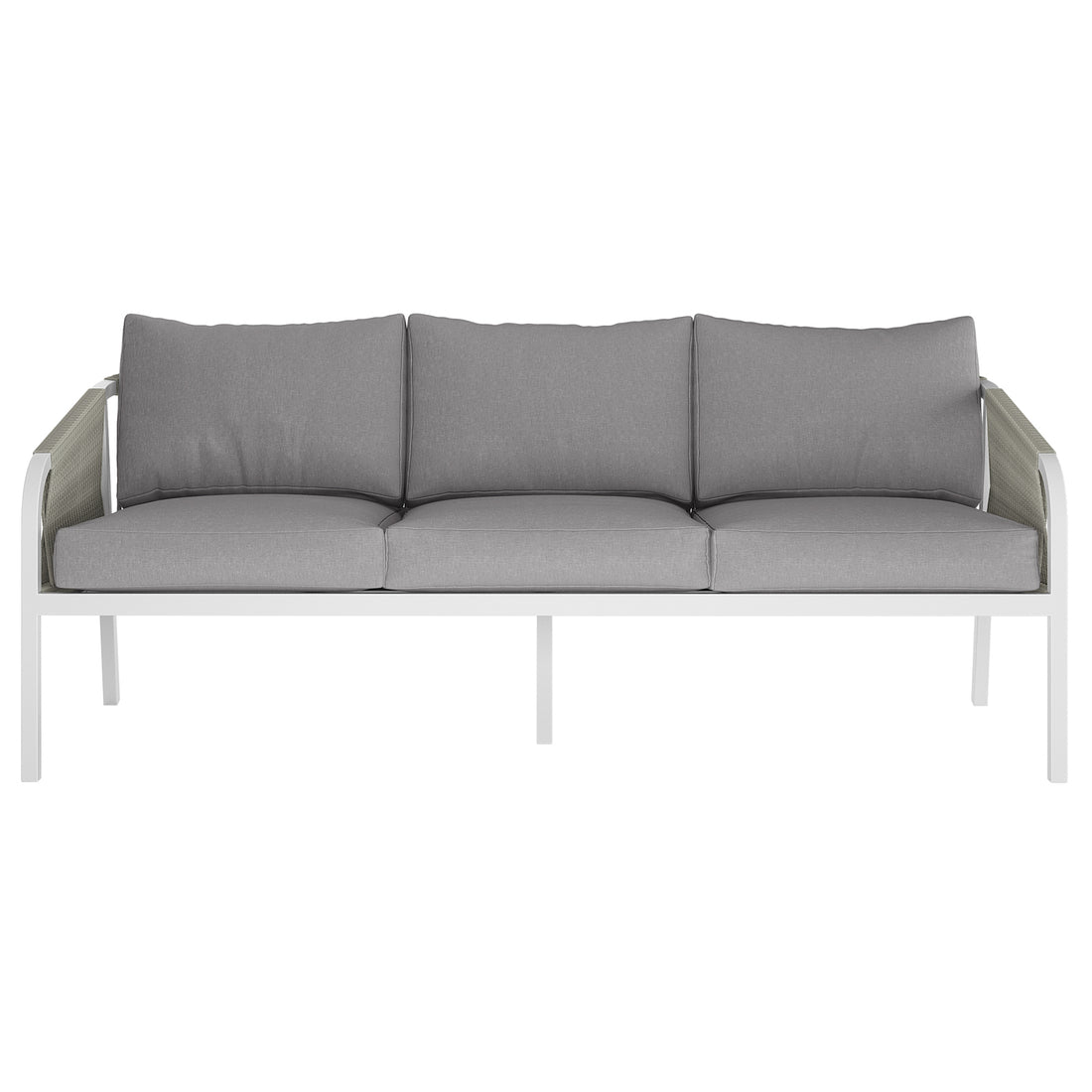 Vernon 5 Seater Aluminium Outdoor Sofa Set in Grey featuring a three-seat sofa with light gray cushions on a sleek white metal frame, exemplifying minimalist, modern design for versatile indoor or outdoor use.
