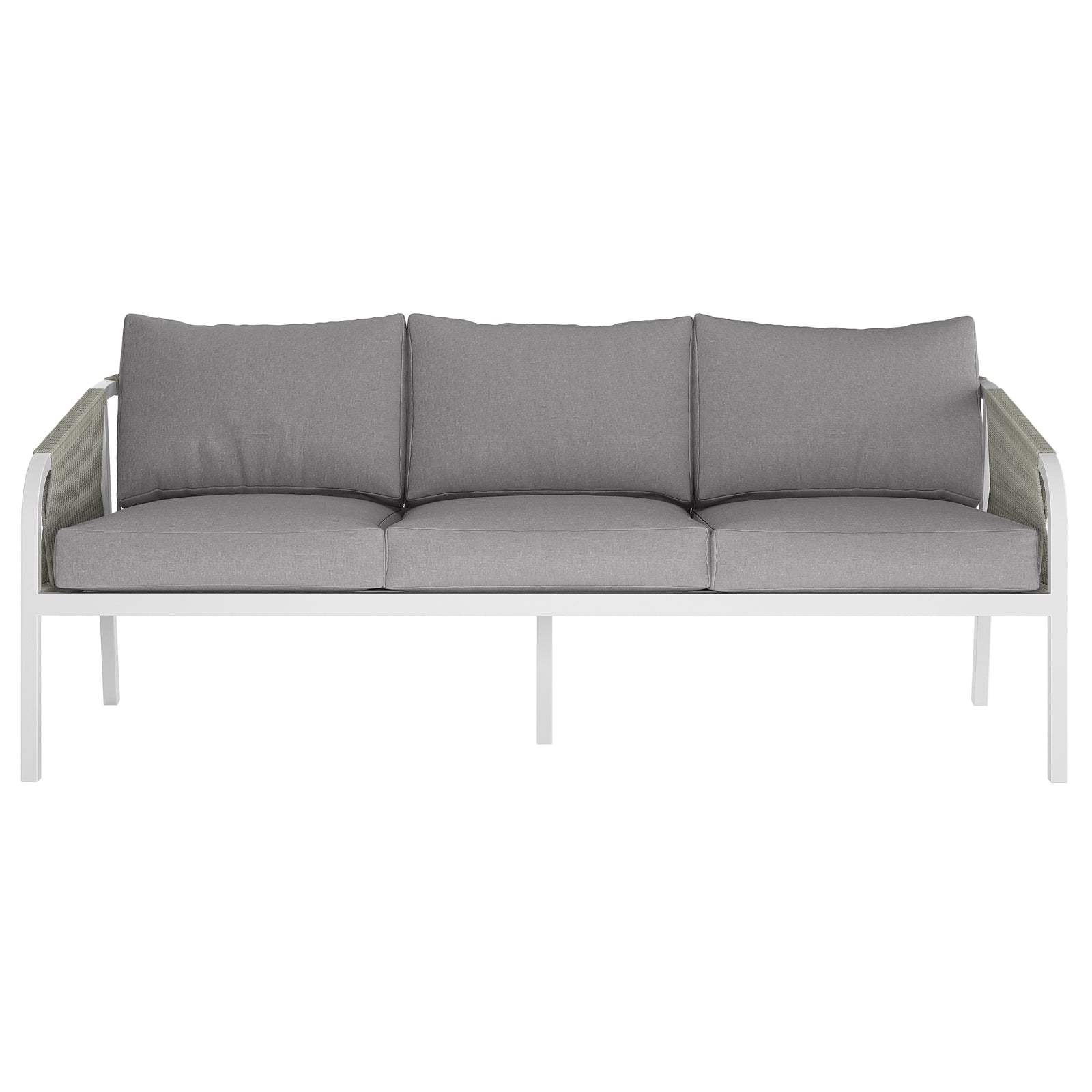 Vernon 5 Seater Aluminium Outdoor Sofa Set in Grey featuring a three-seat sofa with light gray cushions on a sleek white metal frame, exemplifying minimalist, modern design for versatile indoor or outdoor use.