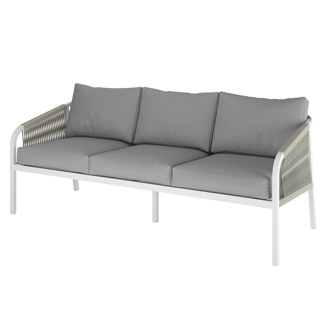Vernon 5 Seater Aluminium Outdoor Sofa Set in Grey, featuring a three-seat sofa with light gray cushions and a white metal frame with woven rope detailing on the arms, perfect for modern outdoor lounging.