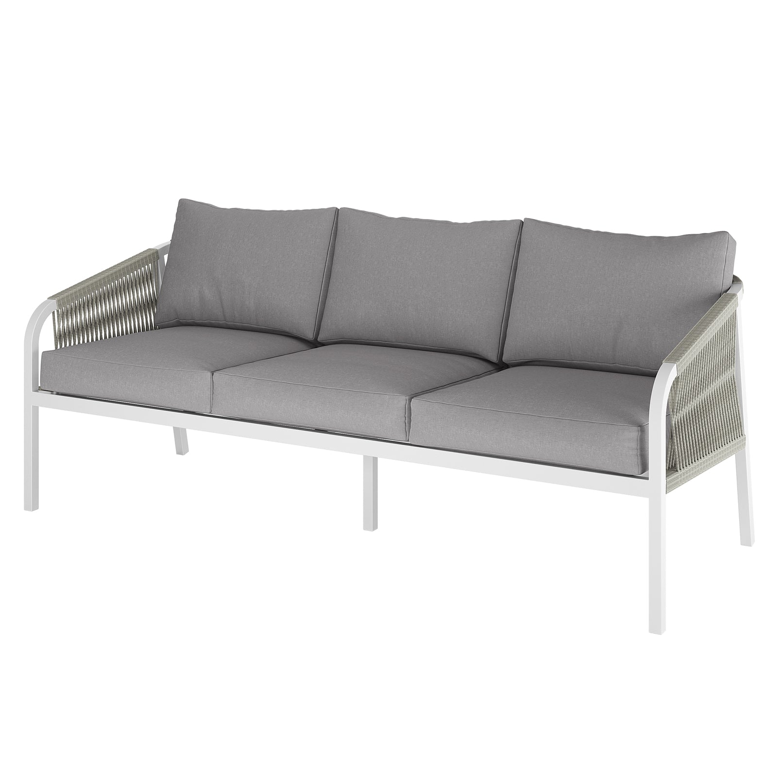 Vernon 5 Seater Aluminium Outdoor Sofa Set in Grey, featuring a three-seat sofa with light gray cushions and a white metal frame with woven rope detailing on the arms, perfect for modern outdoor lounging.