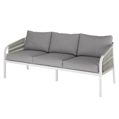 Vernon 5 Seater Aluminium Outdoor Sofa Set in Grey, featuring a three-seat sofa with light gray cushions and a white metal frame with woven rope detailing on the arms, perfect for modern outdoor lounging.