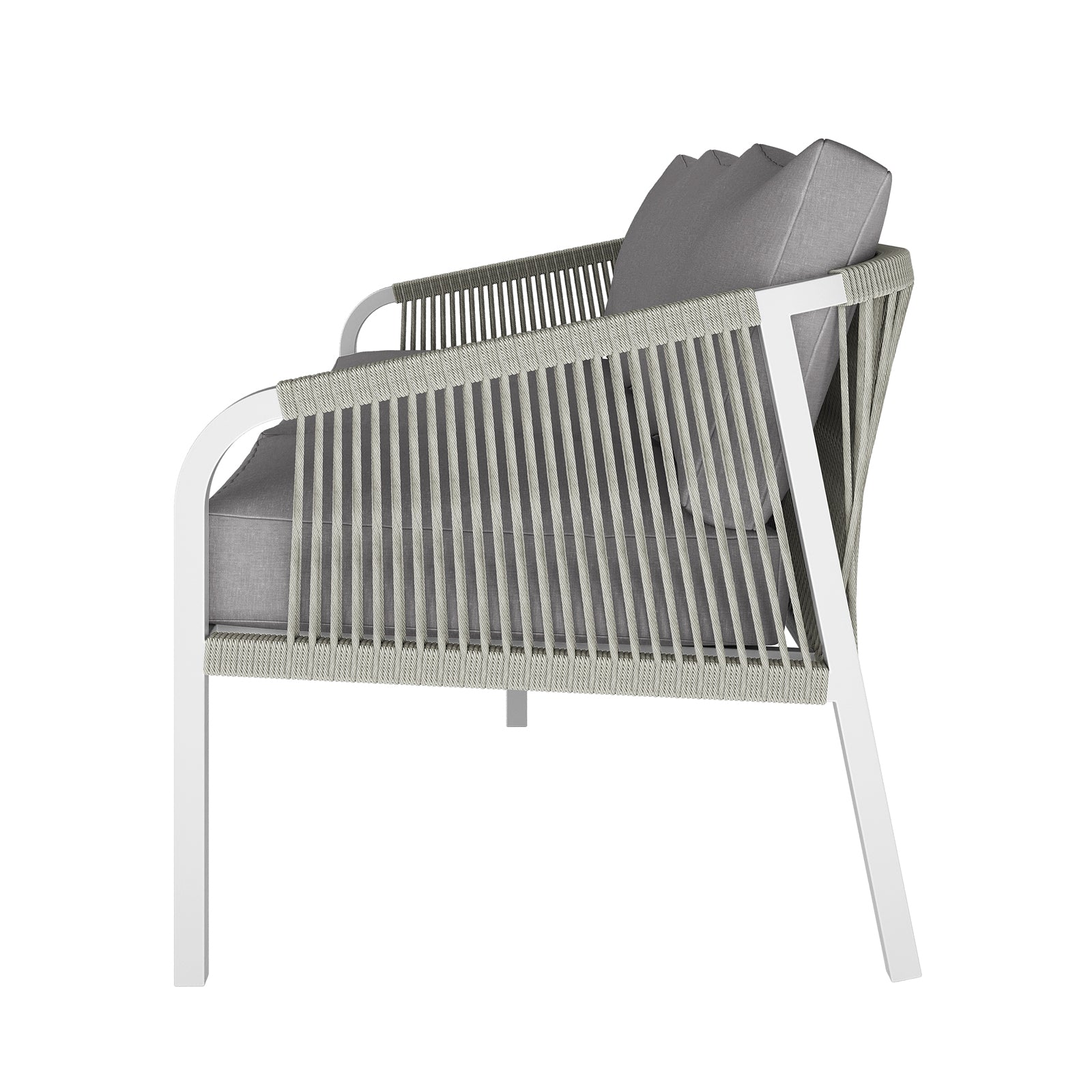 Vernon 5 Seater Aluminium Outdoor Sofa Set in Grey features a sleek armchair with a white metal frame, light-gray rope detailing, and boxy gray cushions, exemplifying modern design for versatile outdoor use.