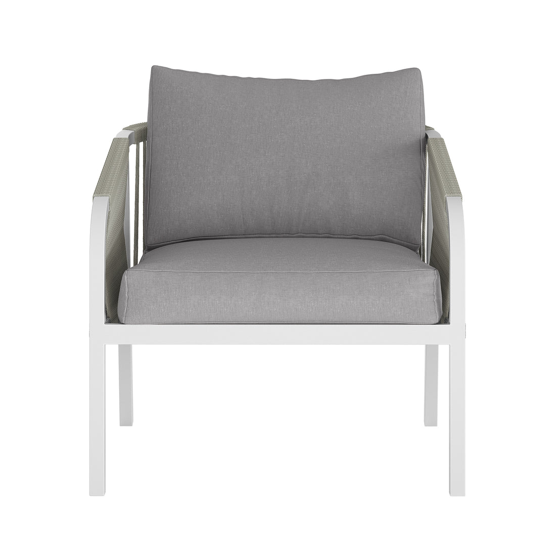 Vernon 5 Seater Aluminum Outdoor Sofa Set in Grey featuring a slim white metal frame armchair with rope-style arms and thick light-gray cushions for stylish outdoor comfort.