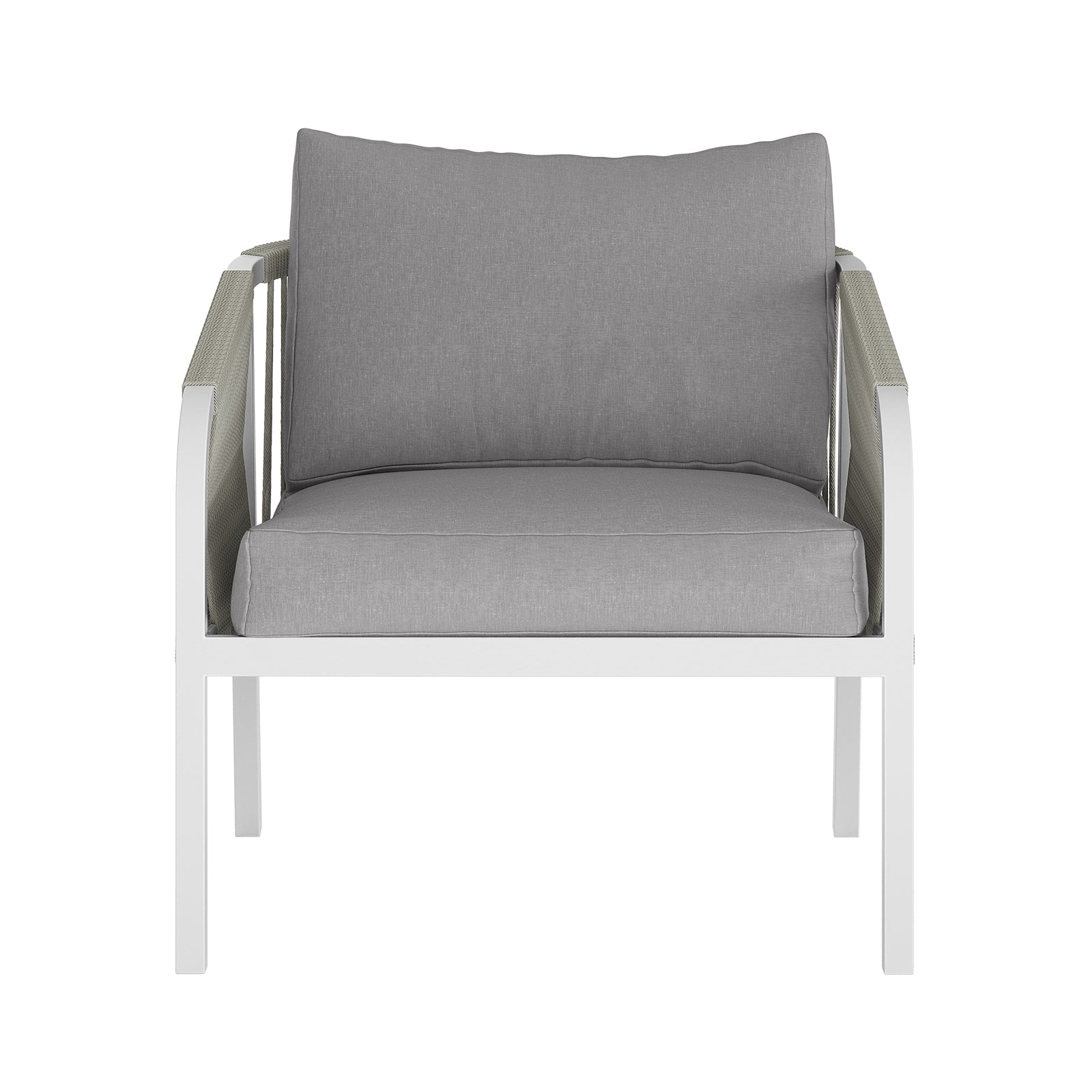 Vernon 5 Seater Aluminum Outdoor Sofa Set in Grey featuring a slim white metal frame armchair with rope-style arms and thick light-gray cushions for stylish outdoor comfort.