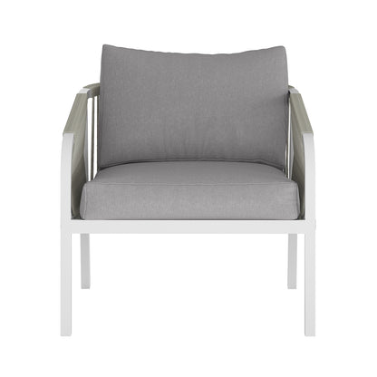 Vernon 5 Seater Aluminum Outdoor Sofa Set in Grey featuring a slim white metal frame armchair with rope-style arms and thick light-gray cushions for stylish outdoor comfort.