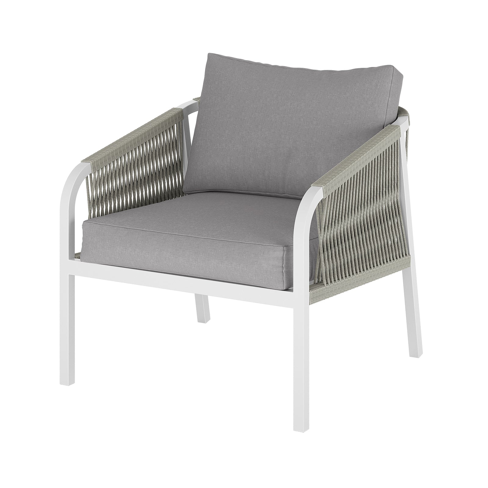 Vernon 5 Seater Aluminium Outdoor Sofa Set in Grey features a white metal-framed single-seat armchair with woven gray rope sides and thick gray cushions, ideal for patios.