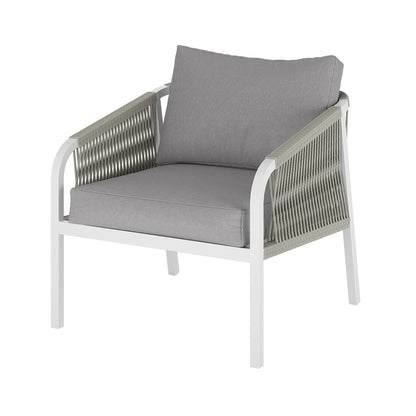 Vernon 5 Seater Aluminium Outdoor Sofa Set in Grey features a white metal-framed single-seat armchair with woven gray rope sides and thick gray cushions, ideal for patios.