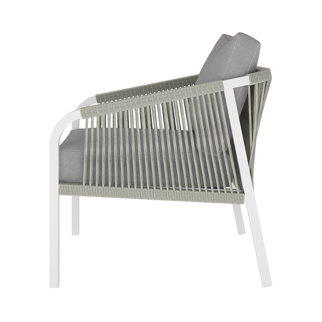 Side view of the Vernon 5 Seater Aluminium Outdoor Sofa Set in Grey, featuring a sleek white metal frame with grey braided rope panels and thick light-grey cushions for a minimalist, modern look.