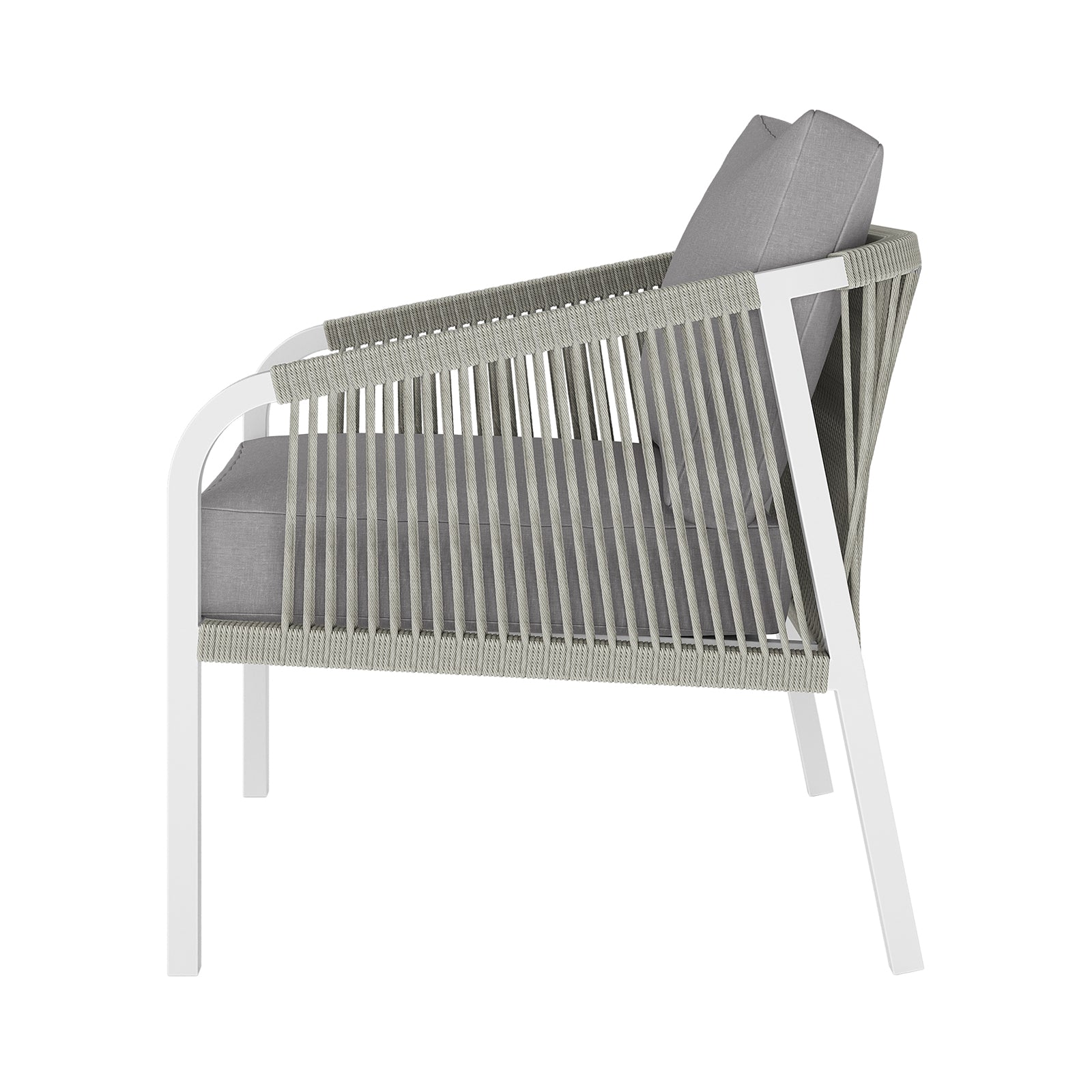 Side view of the Vernon 5 Seater Aluminium Outdoor Sofa Set in Grey, featuring a sleek white metal frame with grey braided rope panels and thick light-grey cushions for a minimalist, modern look.