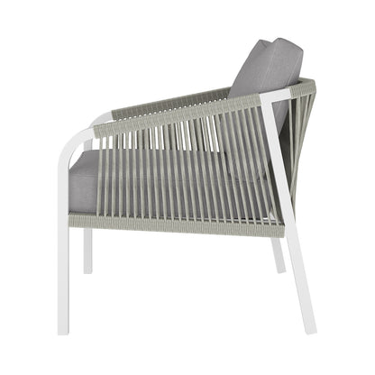 Side view of the Vernon 5 Seater Aluminium Outdoor Sofa Set in Grey, featuring a sleek white metal frame with grey braided rope panels and thick light-grey cushions for a minimalist, modern look.