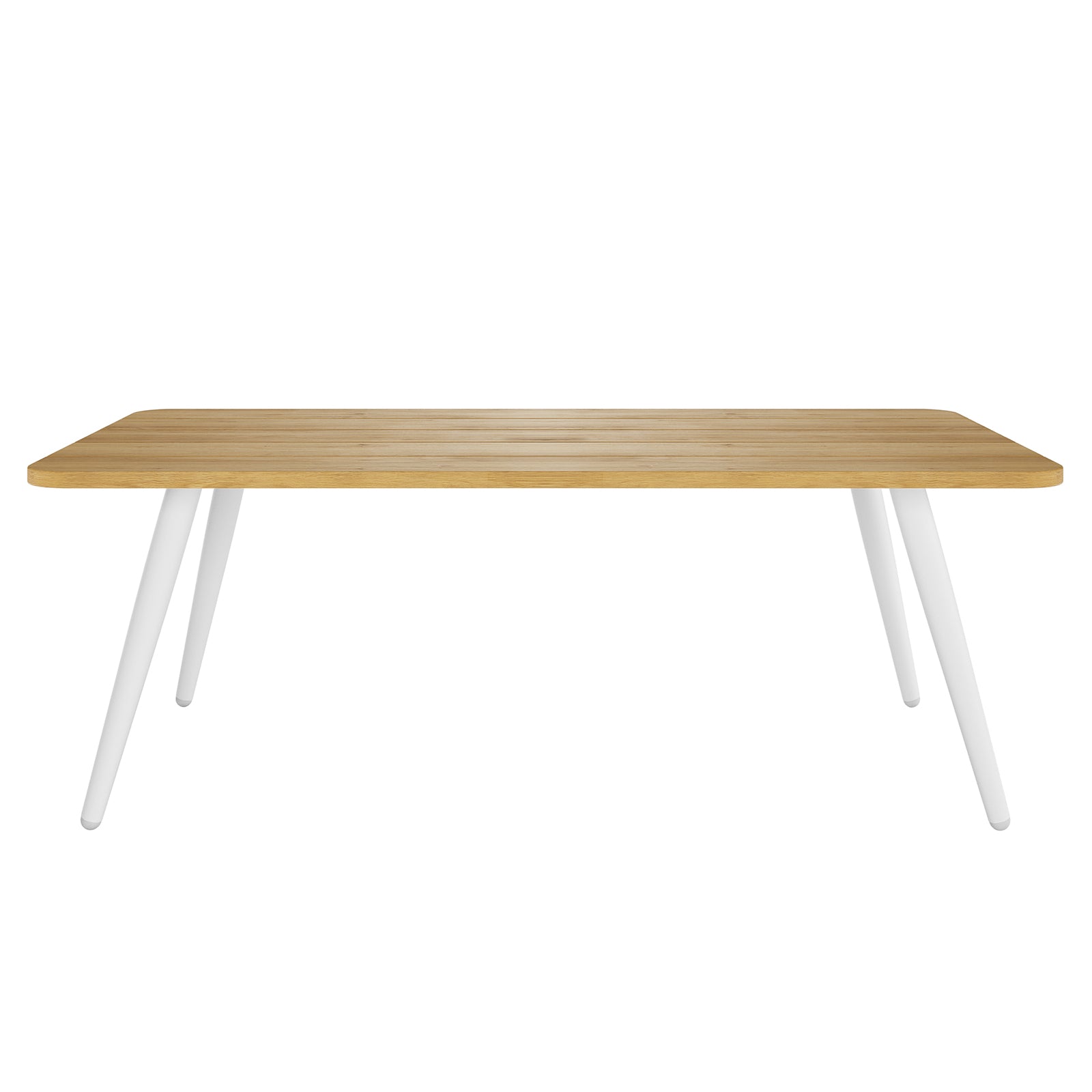 Vernon 5 Seater Aluminium Outdoor Sofa Set in Grey, featuring a modern rectangular table with light wood-grain top and four angled white legs, highlighting stylish, durable outdoor seating and comfort.