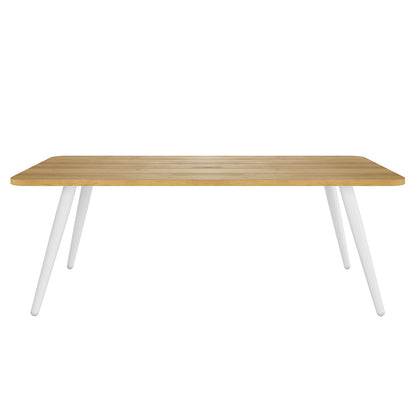 Vernon 5 Seater Aluminium Outdoor Sofa Set in Grey, featuring a modern rectangular table with light wood-grain top and four angled white legs, highlighting stylish, durable outdoor seating and comfort.